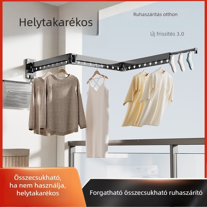 Összecsukható és hosszabbítható ruhaszárító rúd, falra szerelhető, erkélyre és otthonra, paplanok és ruhák szárítására, alumínium ötvözetből, szélálló dizájn