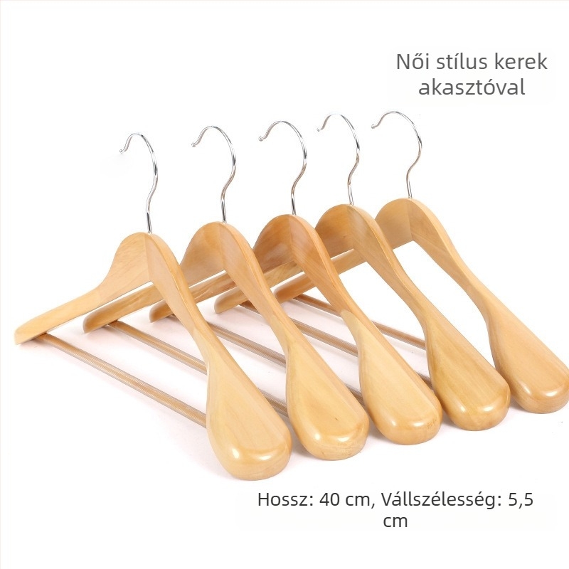 Széles vállú fa ruhaszárító fogas, nyom nélkül a vállaknál, öltönyhöz tervezve, 93 cm hosszú, gravírozott logó, könnyed luxus stílus