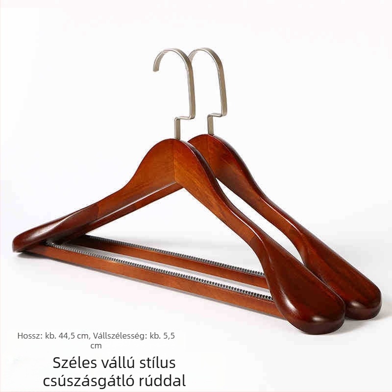 Széles vállú fa ruhaszárító fogas, nyom nélkül a vállaknál, öltönyhöz tervezve, 93 cm hosszú, gravírozott logó, könnyed luxus stílus