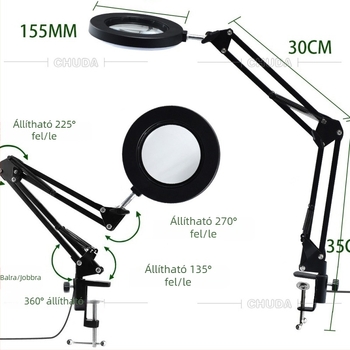 Fémes asztali lámpa LED nagyítóval szemöldök-tetováláshoz, 64 LED, 155 mm átmérő, háromszínű olvasó világítás
