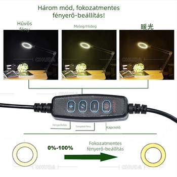 Fémes asztali lámpa LED nagyítóval szemöldök-tetováláshoz, 64 LED, 155 mm átmérő, háromszínű olvasó világítás
