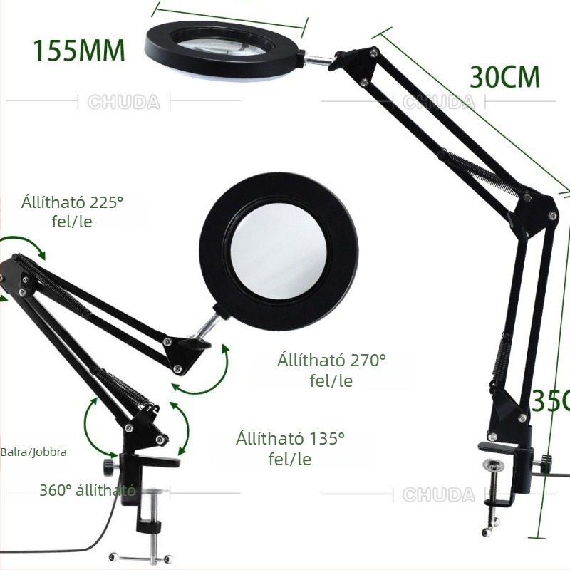 Fémes asztali lámpa LED nagyítóval szemöldök-tetováláshoz, 64 LED, 155 mm átmérő, háromszínű olvasó világítás