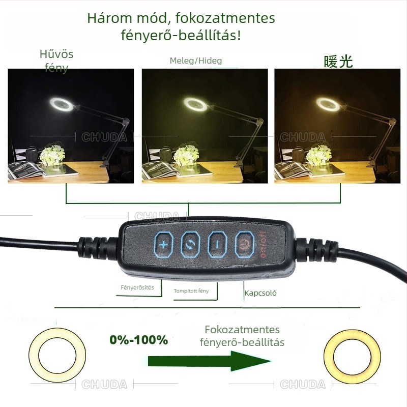 Fémes asztali lámpa LED nagyítóval szemöldök-tetováláshoz, 64 LED, 155 mm átmérő, háromszínű olvasó világítás