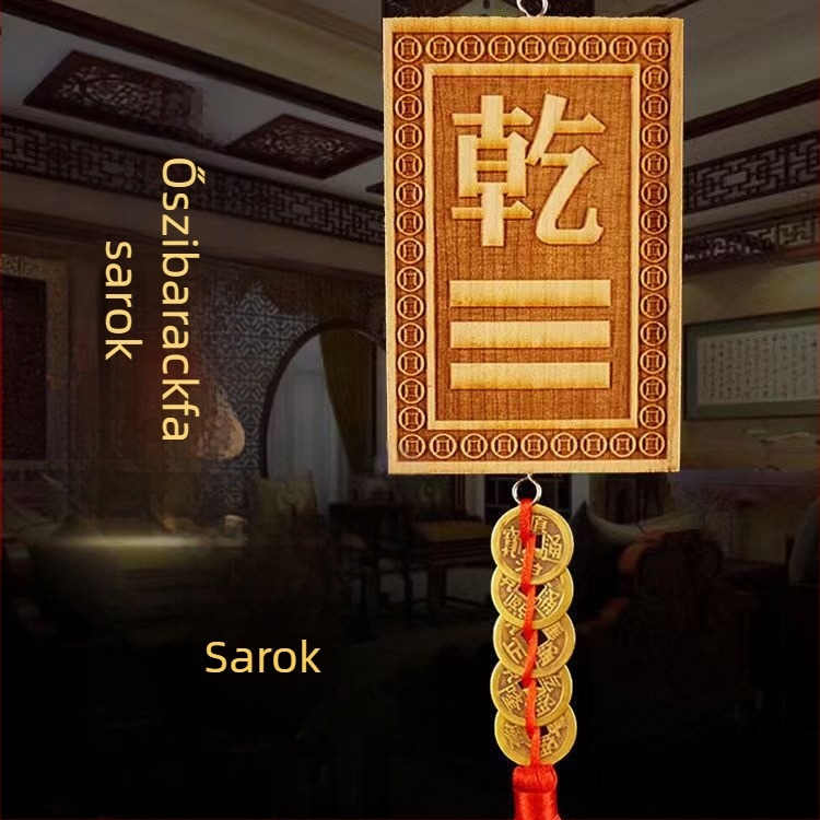 Őszibarackfa Bagua sarokmedál a ház sarkának kiegészítésére, faragott fa medál Öt Császár érmeivel