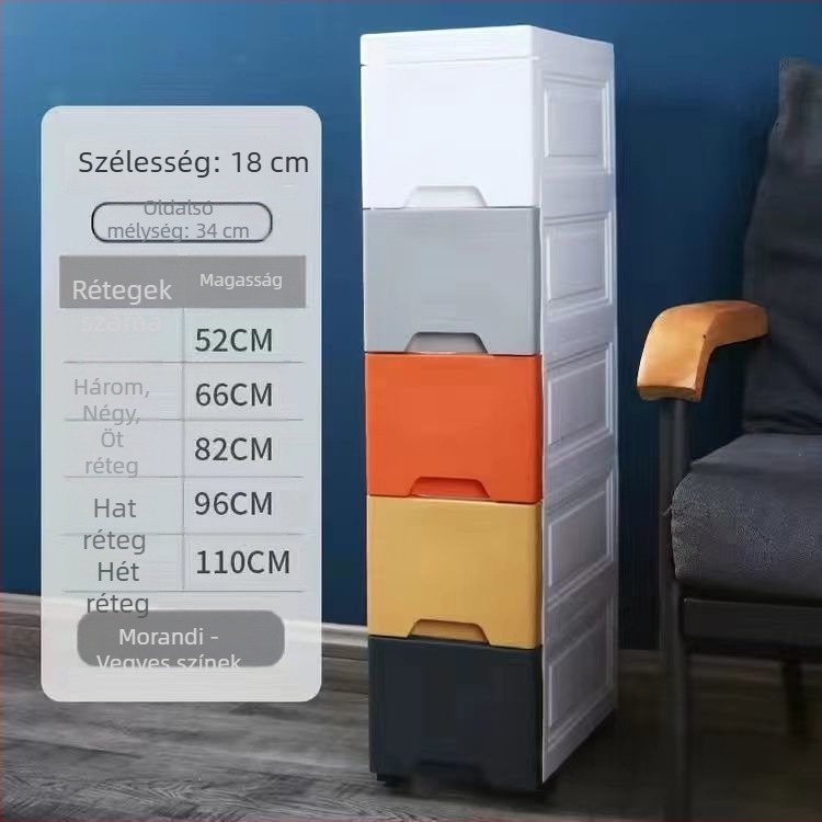 Gyermekek ruháinak tároló szekrénye fiókokkal, konyhai műanyag játékok tároló szekrénye keskeny nyílásokkal, 18/24 szélesség