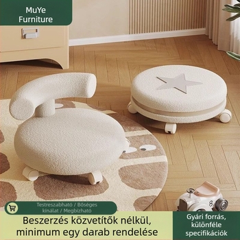 Otthoni használatra készült alacsony ülőke báránygyapjú bársonyból, 360°-ban forgó, hátsó támlával és forgó kerekekkel, gyerekek járásának tanulásához