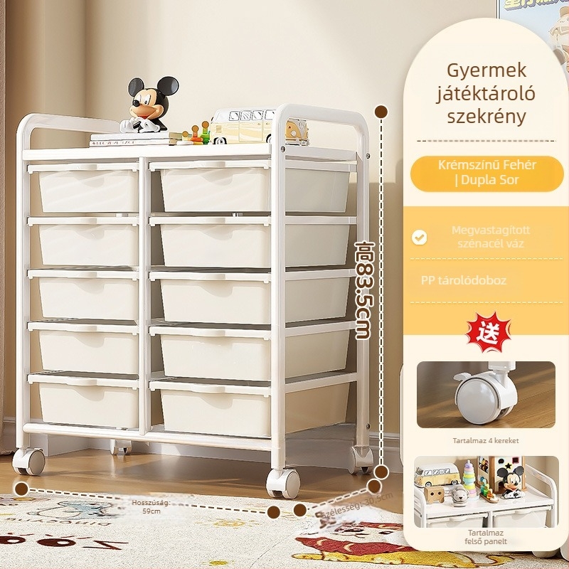 Háromszintes játék tároló szekrény gyerekeknek, nagy kapacitású, mozgatható