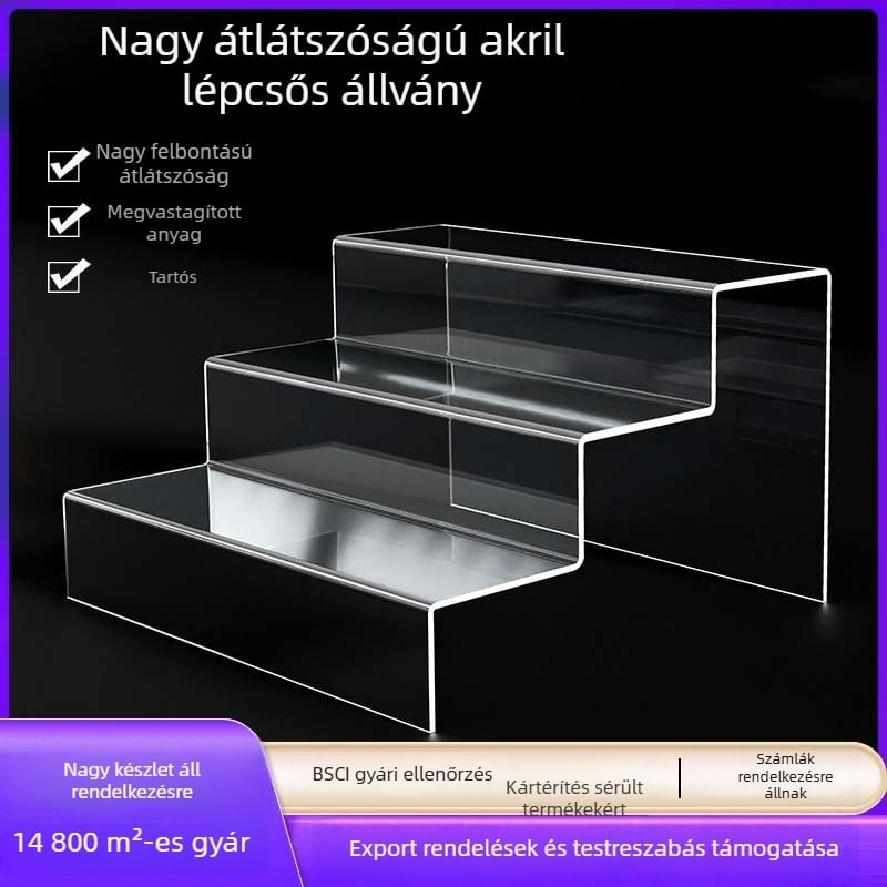 Akril lépcsős kiállítóállvány kozmetikumokhoz és gyűjtemény figurákhoz
