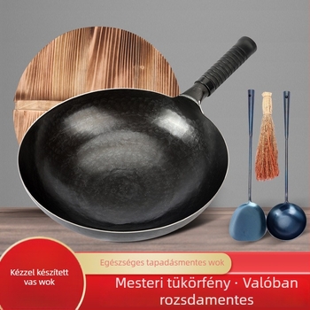 Kovácsolt vas wok bevonat nélküli, kézműves, háztartási használatra, tükörfényes felülettel, egy darabból álló kialakítás, fa fedő, 30–36 cm