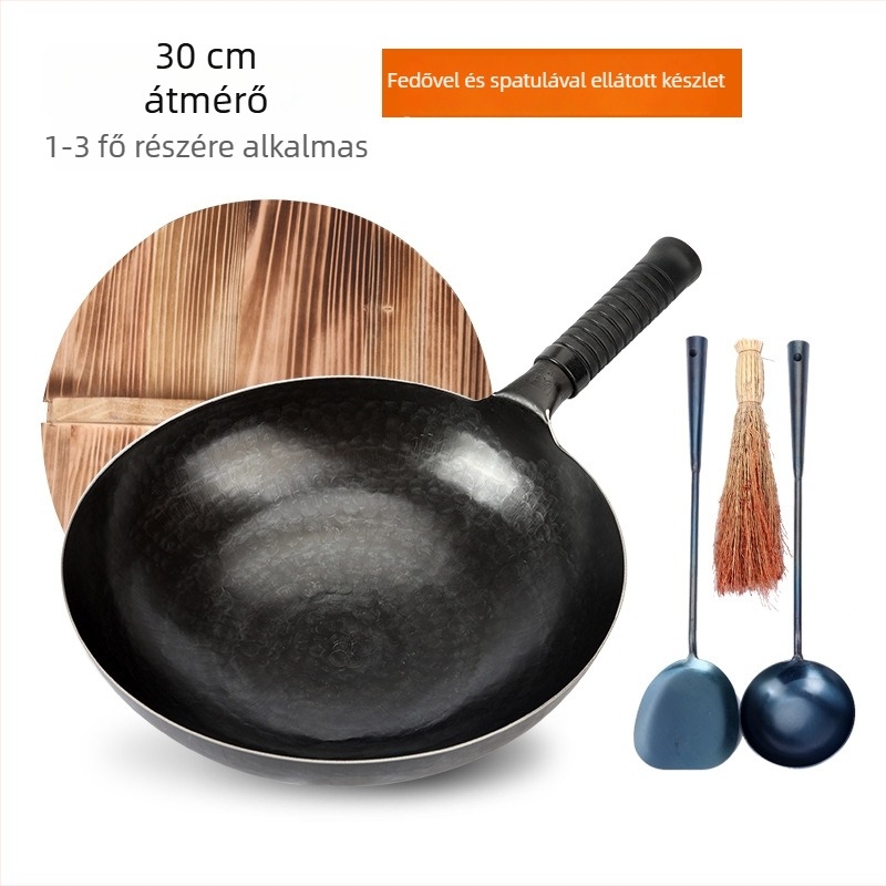 Kovácsolt vas wok bevonat nélküli, kézműves, háztartási használatra, tükörfényes felülettel, egy darabból álló kialakítás, fa fedő, 30–36 cm