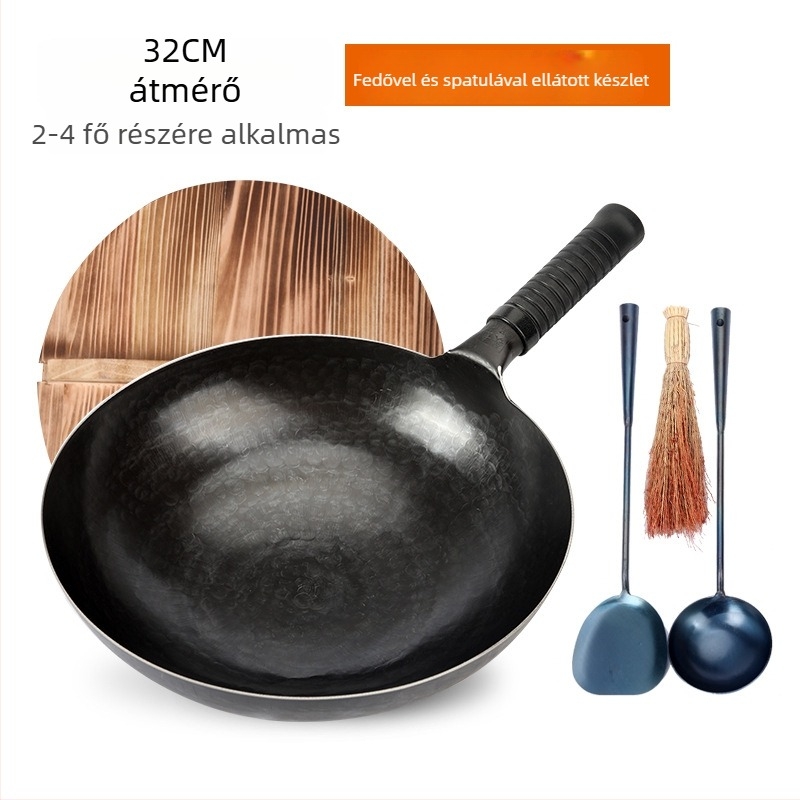 Kovácsolt vas wok bevonat nélküli, kézműves, háztartási használatra, tükörfényes felülettel, egy darabból álló kialakítás, fa fedő, 30–36 cm