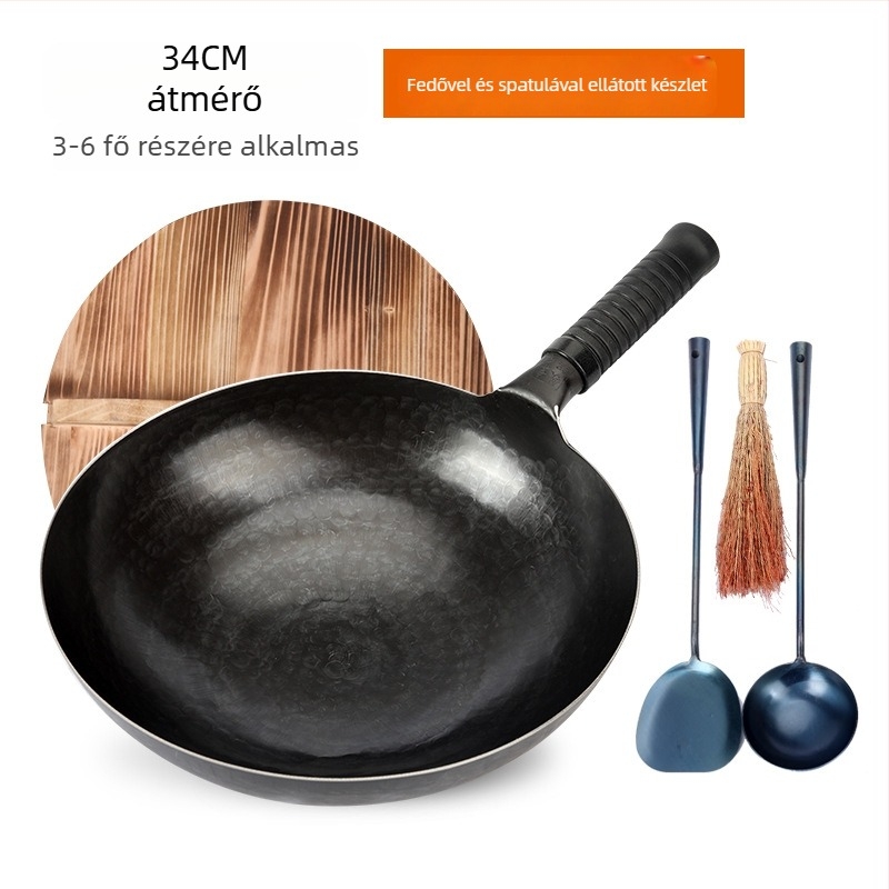 Kovácsolt vas wok bevonat nélküli, kézműves, háztartási használatra, tükörfényes felülettel, egy darabból álló kialakítás, fa fedő, 30–36 cm