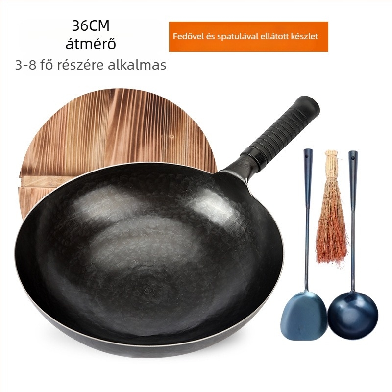 Kovácsolt vas wok bevonat nélküli, kézműves, háztartási használatra, tükörfényes felülettel, egy darabból álló kialakítás, fa fedő, 30–36 cm