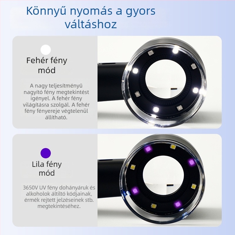 Feltölthető nagyító lámpa erős fénnyel és UV-megvilágítással ékszerek és jade azonosítására, dohány- és alkohollal kapcsolatos ellenőrzésre, makro világító lencse