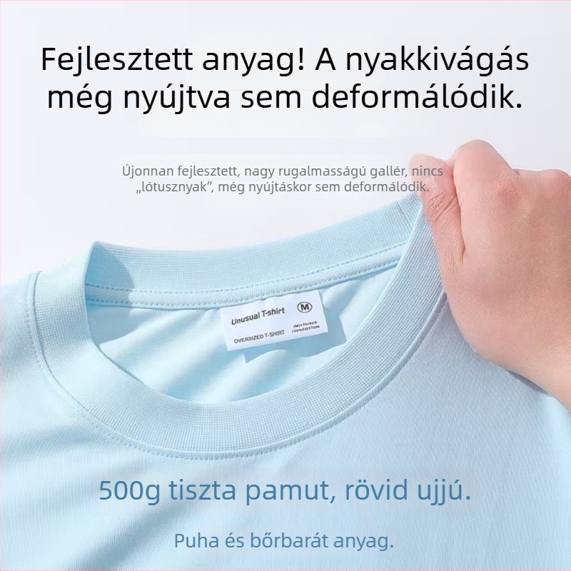 400 g-os nehéz pamutból készült kerek nyakú rövid ujjú póló, dupla szálból, egyszínű, lazább szabás