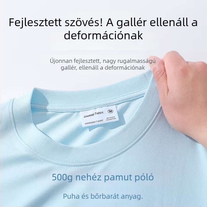 400 g-os nehéz pamutból készült kerek nyakú rövid ujjú póló, dupla szálból, egyszínű, lazább szabás