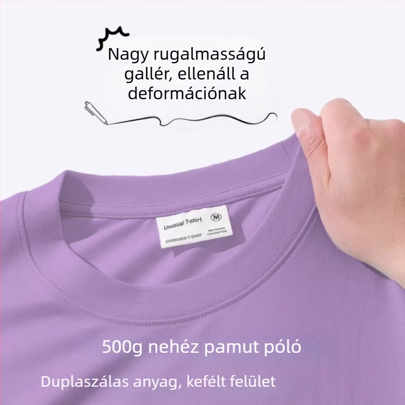400 g-os nehéz pamutból készült kerek nyakú rövid ujjú póló, dupla szálból, egyszínű, lazább szabás