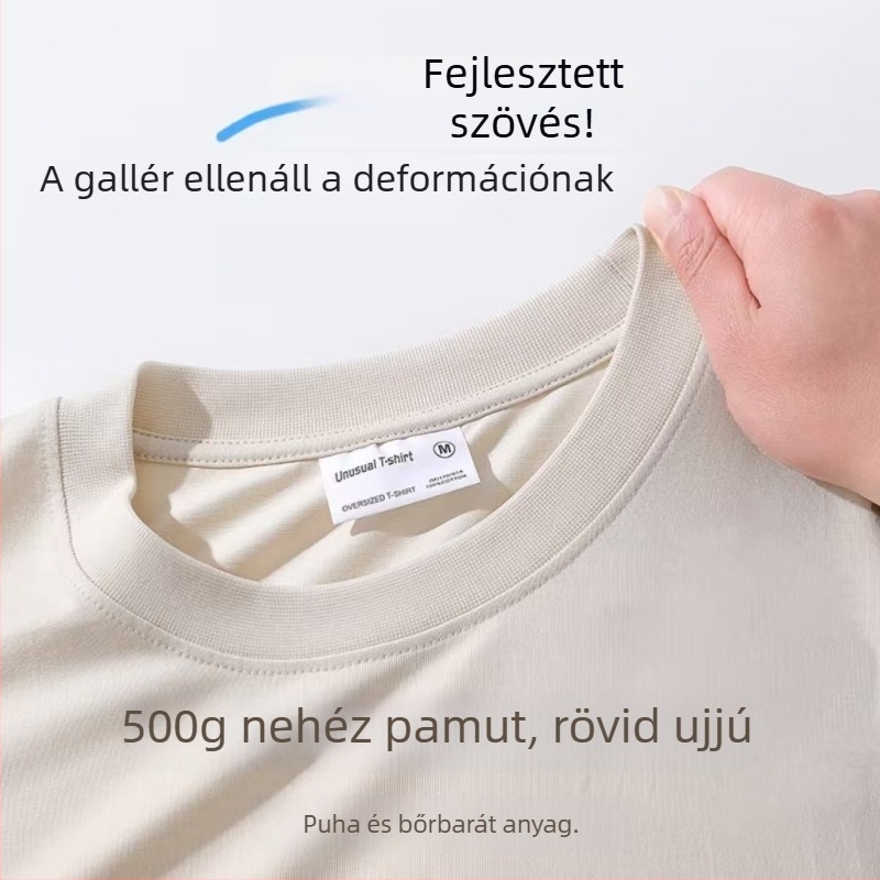 400 g-os nehéz pamutból készült kerek nyakú rövid ujjú póló, dupla szálból, egyszínű, lazább szabás