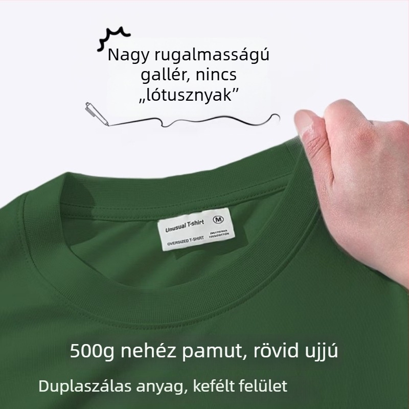 400 g-os nehéz pamutból készült kerek nyakú rövid ujjú póló, dupla szálból, egyszínű, lazább szabás