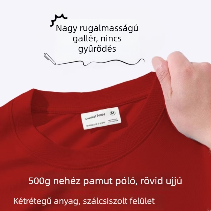 400 g-os nehéz pamutból készült kerek nyakú rövid ujjú póló, dupla szálból, egyszínű, lazább szabás