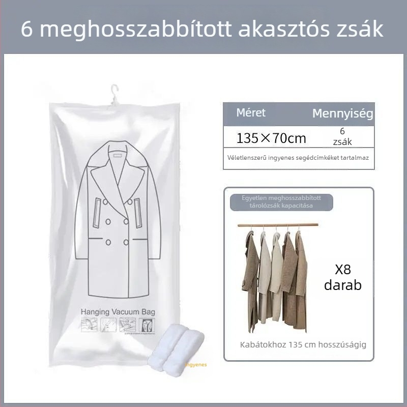 Függő akasztóval ellátott kabát- és dzseki tároló táska vákuumos tömörítő zsákkal egyszínű ruhákhoz