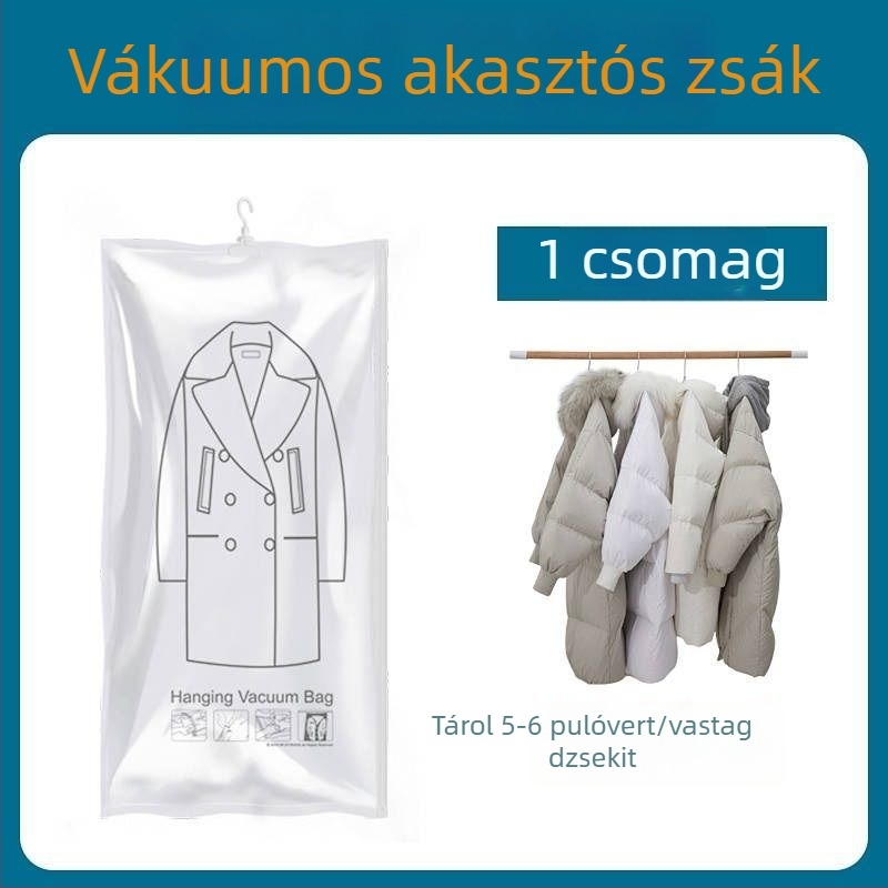 Függő akasztóval ellátott kabát- és dzseki tároló táska vákuumos tömörítő zsákkal egyszínű ruhákhoz