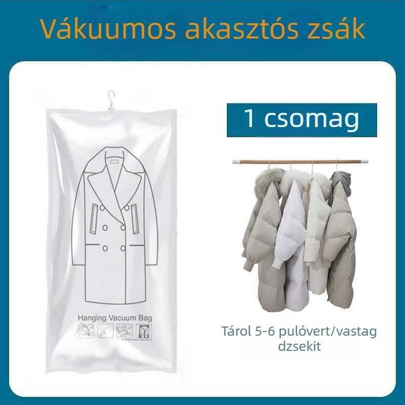 Függő akasztóval ellátott kabát- és dzseki tároló táska vákuumos tömörítő zsákkal egyszínű ruhákhoz