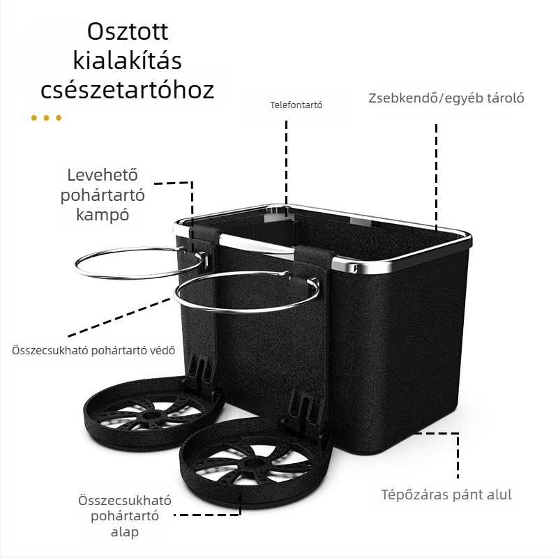 Autóba való multifunkcionális zsebkendő-tároló pohártartóval és kartámlával, megerősített kialakítás, nagy kapacitás