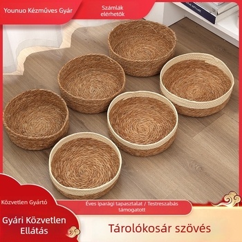 Asztali fonott tárolókosár, dekoratív gyékényből készült, gyümölcsök és nassolnivalók tárolására