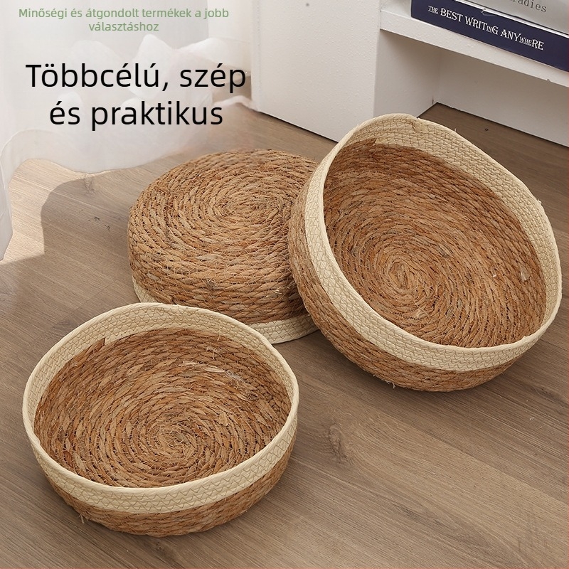 Asztali fonott tárolókosár, dekoratív gyékényből készült, gyümölcsök és nassolnivalók tárolására