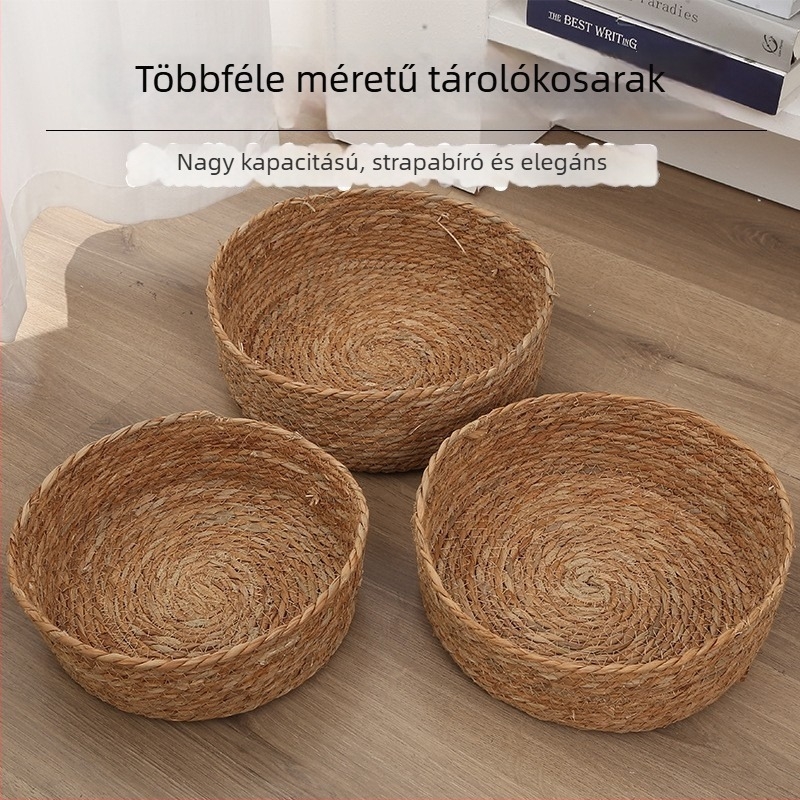 Asztali fonott tárolókosár, dekoratív gyékényből készült, gyümölcsök és nassolnivalók tárolására