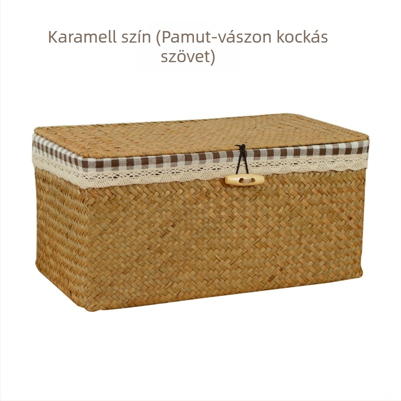 Szövött keretes tároló doboz pamut–len bélésű ruhák tárolására, fedéllel, esküvői emlék