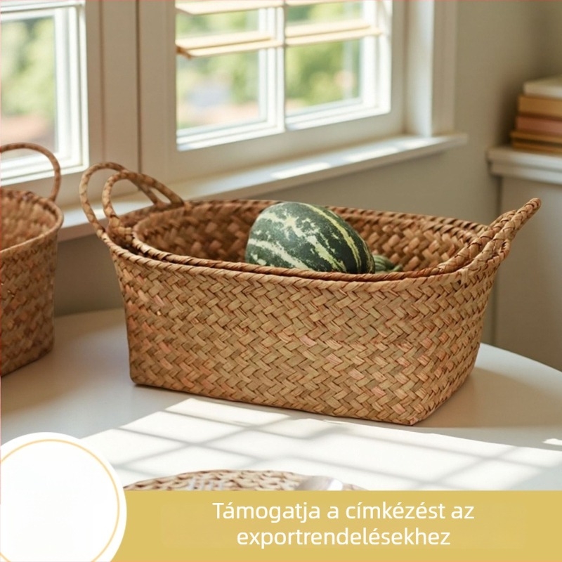 Asztali tároló kosár fogantyúval, tengeri algák rostjából szőtt, rendező távirányítókhoz és apró háztartási tárgyakhoz