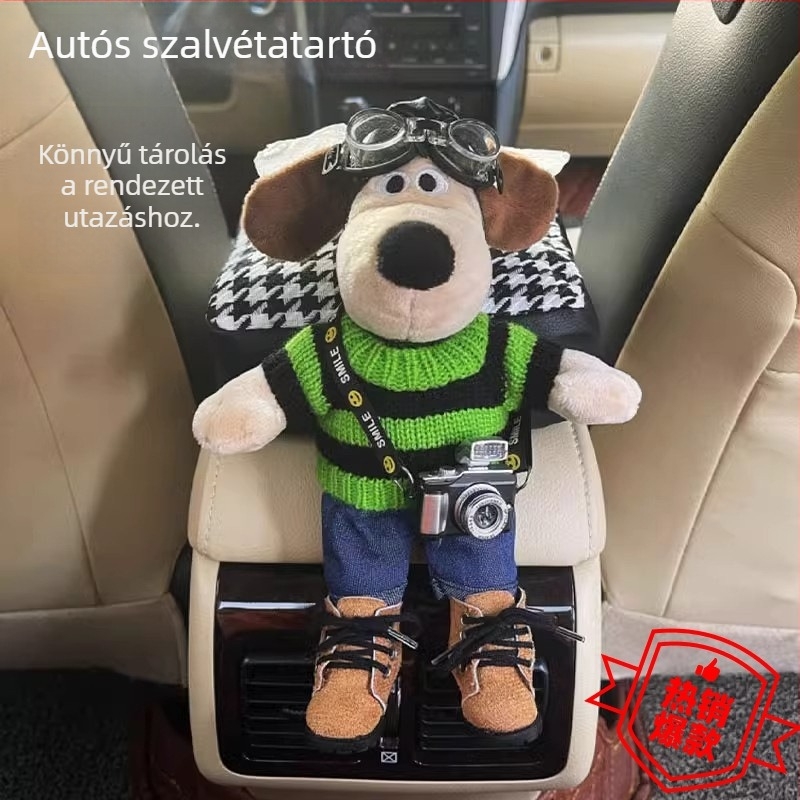 Autóba szánt papírzsepi tartó karfához csatlakoztatható, aranyos plüssbaba dekoráció a belső térhez.