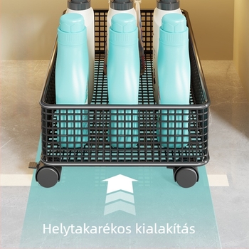Szekrény alatti kerekes ruhaszennyes kosár és tárolópolc