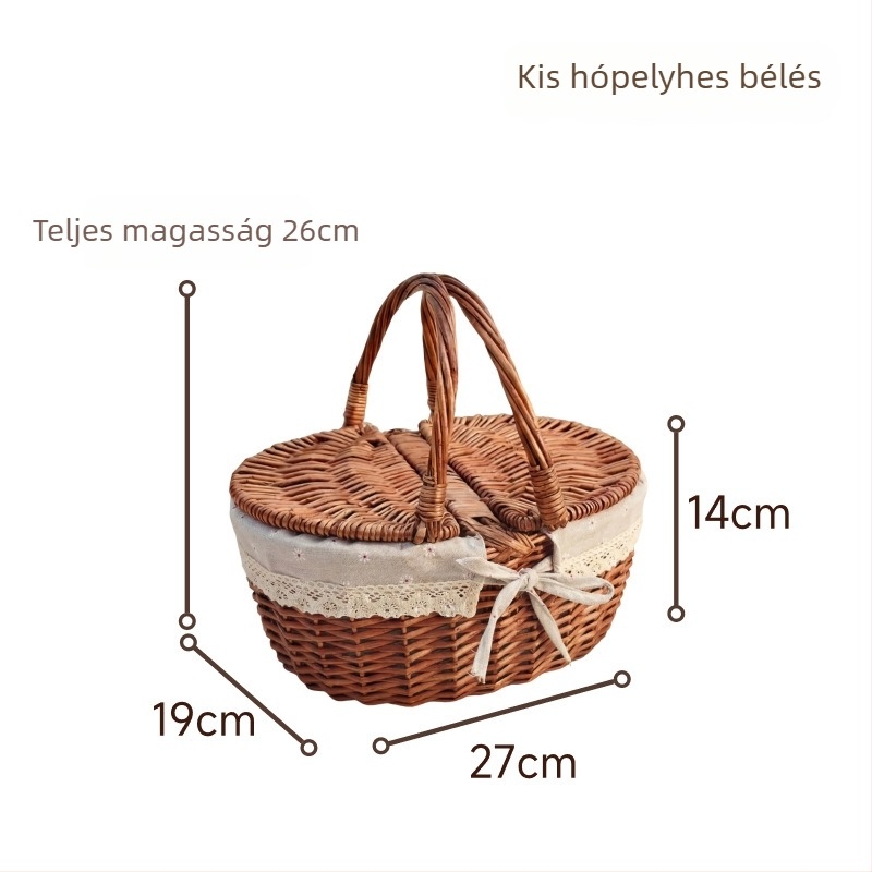 Kézzel szövött vesszőkosár piknikhez, fogantyúval, sokoldalú tárolókosár és tojáskosár