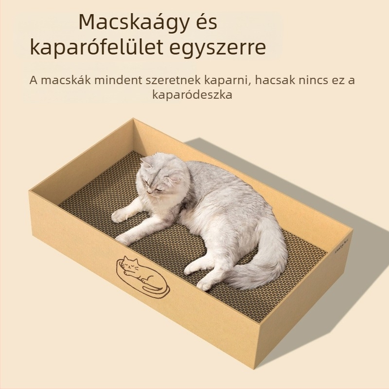 Integrált macska karmoló és kartonfészek – kopásálló, bolyhosodástól mentes, cserélhető karmoló deszka hullámkartonból