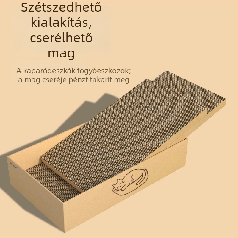 Integrált macska karmoló és kartonfészek – kopásálló, bolyhosodástól mentes, cserélhető karmoló deszka hullámkartonból