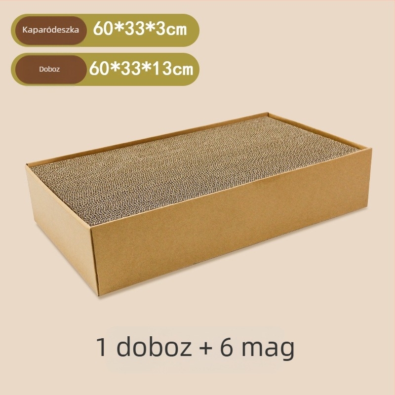 Integrált macska karmoló és kartonfészek – kopásálló, bolyhosodástól mentes, cserélhető karmoló deszka hullámkartonból