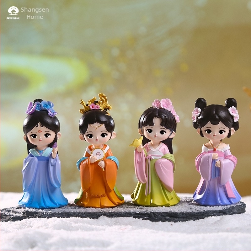Mini műgyanta figurák: tíz szépség, Tang-dinasztia kínai stílusú karikatúra dekorációk