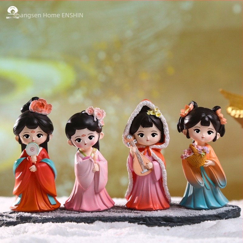 Mini műgyanta figurák: tíz szépség, Tang-dinasztia kínai stílusú karikatúra dekorációk