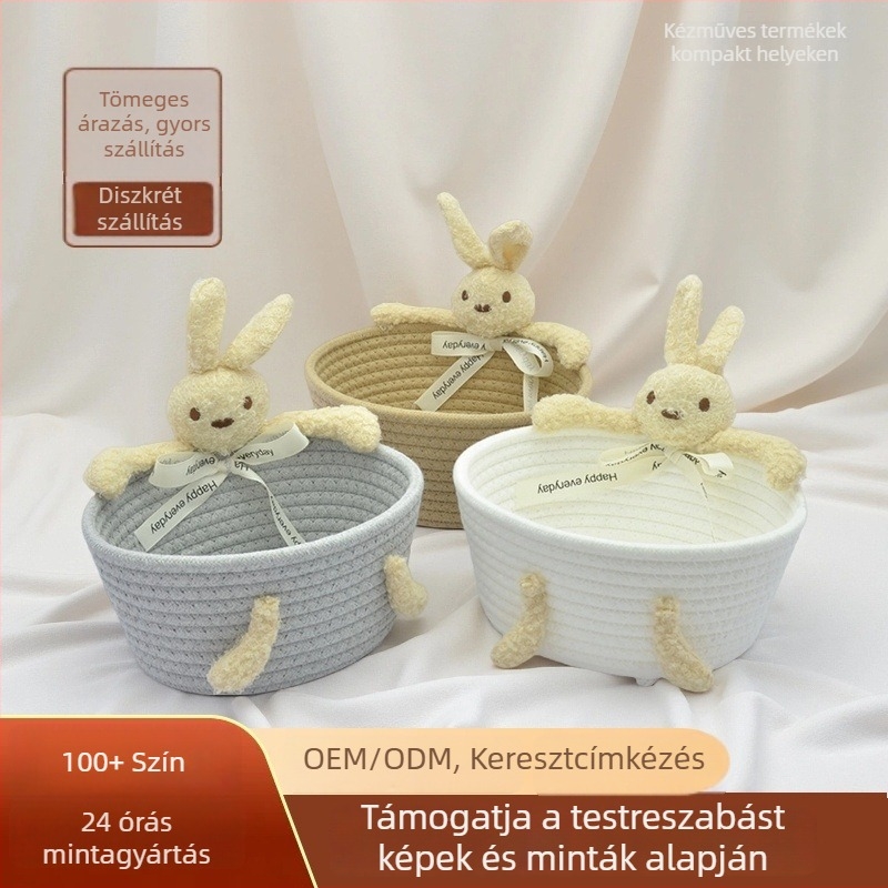 Kézzel fonott tárolókosár pamutkötélből nyuszi és medve motívummal – asztali és előszobai szervező