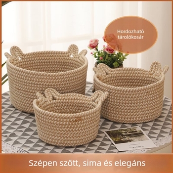 Asztali tároló kosár macska füllel, rajzfilmszerű dizájn, pamutfonalból készült szövött anyag, rózsaszín kozmetikumok és apró tárgyak rendezője.