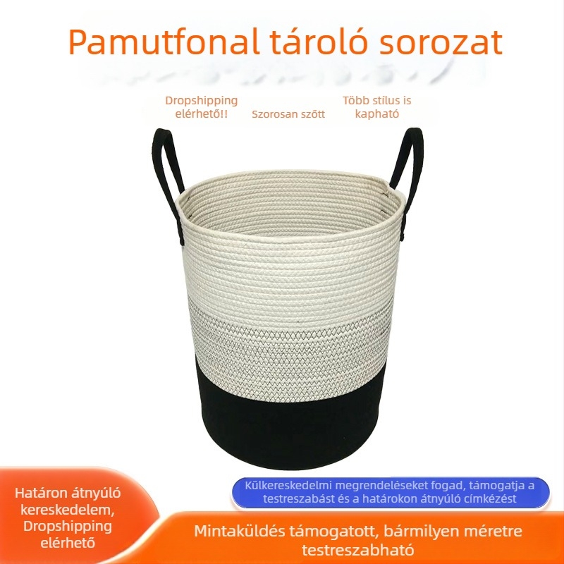 Pamutkötélből készült kör alakú tárolókosár fedéllel, ruhák és játékok tárolására