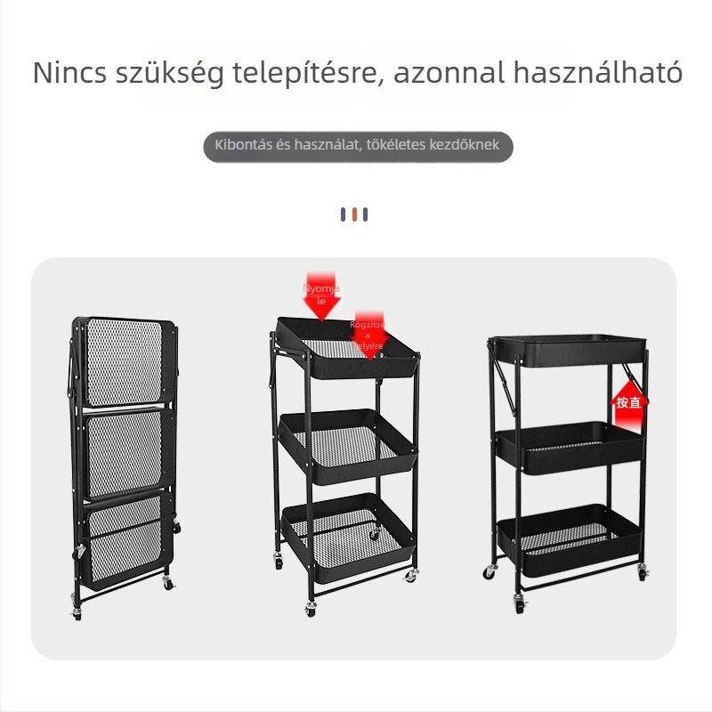 3-szintes padlóra álló snack tároló állvány, mozgatható és összecsukható – konyha, nappali és fürdőszoba számára
