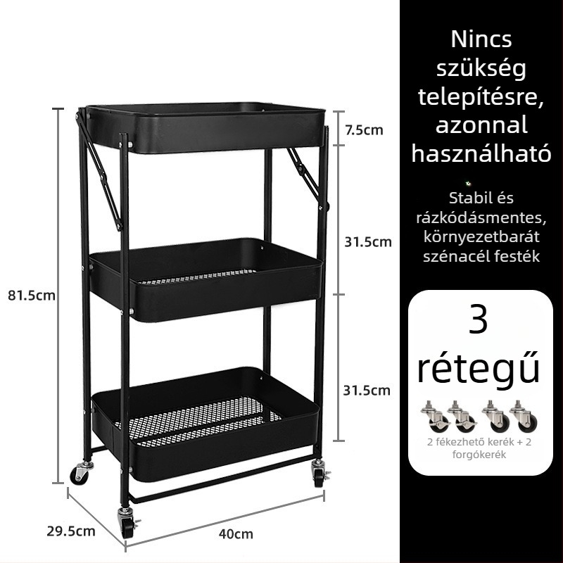 3-szintes padlóra álló snack tároló állvány, mozgatható és összecsukható – konyha, nappali és fürdőszoba számára