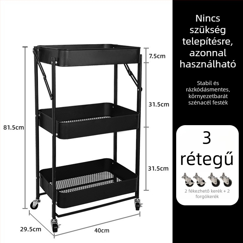 3-szintes padlóra álló snack tároló állvány, mozgatható és összecsukható – konyha, nappali és fürdőszoba számára