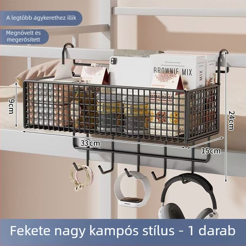 Állítható, ágy melletti akasztható tárolókosár és tárolópolc diák kollégiumhoz
