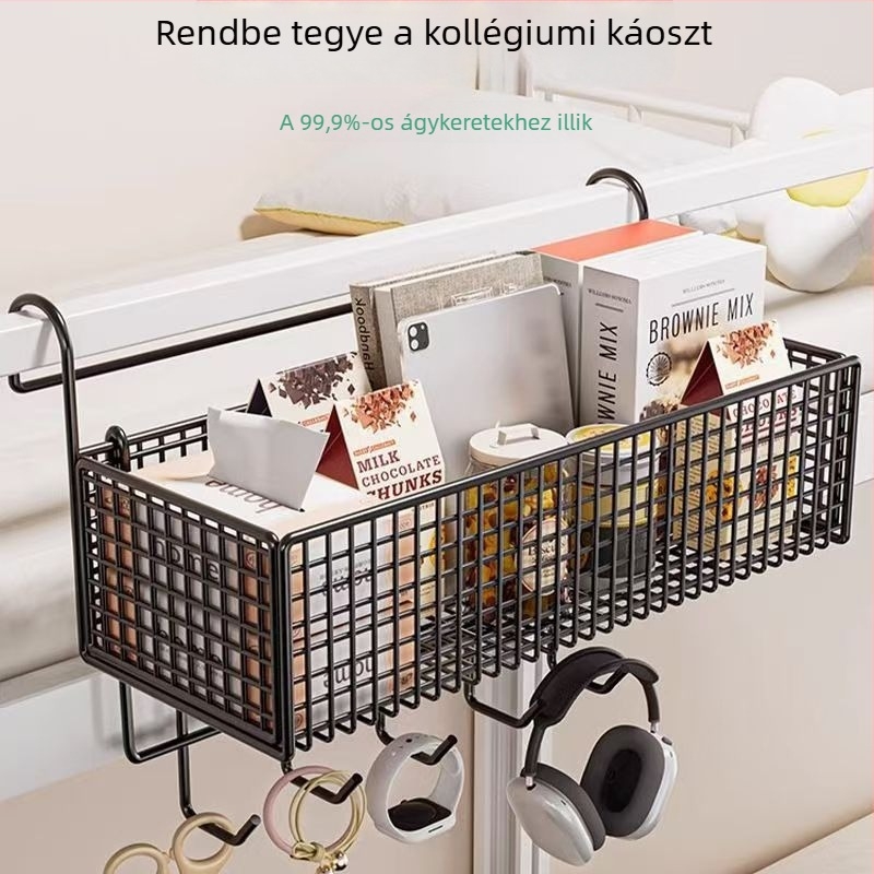 Állítható, ágy melletti akasztható tárolókosár és tárolópolc diák kollégiumhoz