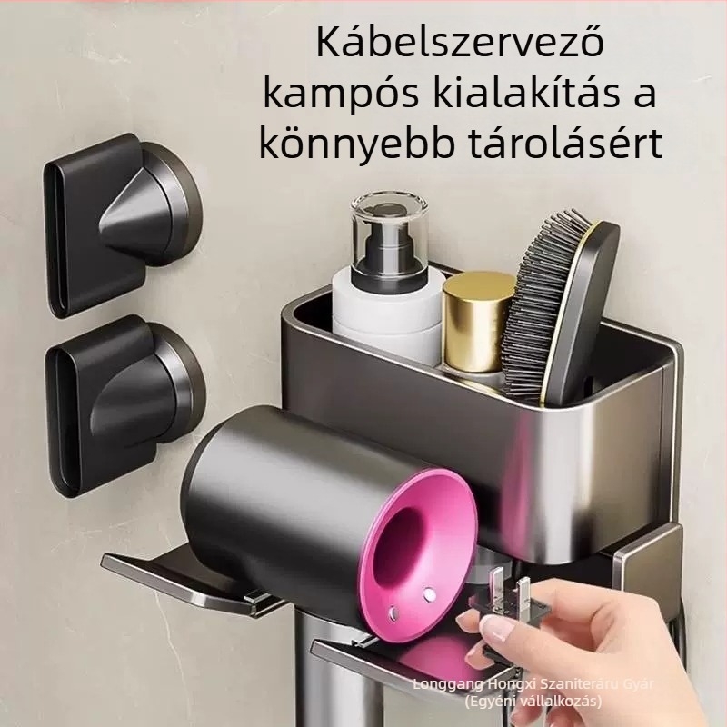 Fali hajszárítótartó fürdőszobába, fúrás nélkül, négyzet alakú, egy szint, modern minimalista dizájn